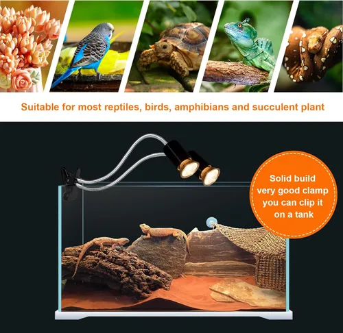 Miniatura 6 de Lámpara de calor para reptiles, temporizador de luz de reptil de doble cabeza, luz de reptil UVA UVB con abrazadera para tortuga, leopardo gecko