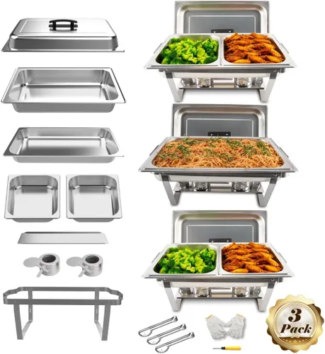 Miniatura 10 de Festa Essential Juego de 4 Platos de Roce para Buffet de Acero Inoxidable 5 QT Redondos y 8 QT Rectangulares, Calentadores de Alimentos con Bandeja