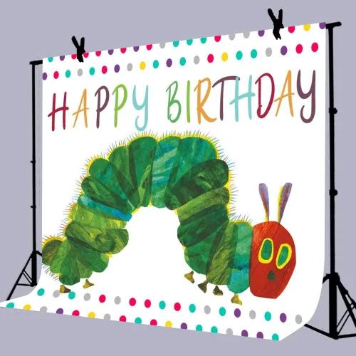 Miniatura 4 de Fondo de fotografía de feliz cumpleaños, fiesta temática de oruga de 5 x 3 pies, diseño de insectos de color arco iris, dibujos animados para niños