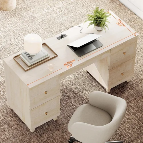 Miniatura 7 de WAMPAT - Escritorio de madera de 58 pulgadas con 4 cajones profundos y estación de carga, roble claro Modern Executive Desk with Keyboard Storage