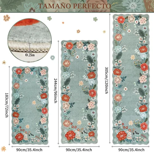 Miniatura 2 de Alfombra Corredora Verde, Alfombras Lavables de 3x10 para Pasillos Antideslizantes, Alfombra de Pelo Bajo Suave con Diseño Floral Boho para Pasillo