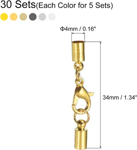 Miniatura 2 de uxcell 30 juegos de tapas de cuero de 0.157 in con cierres de pinza de langosta, terminadores de barril para hacer pulseras de cuero, 6 colores en 1