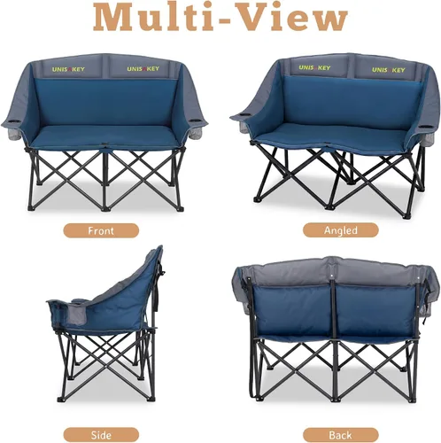 Miniatura 9 de Unisakey Silla de campamento doble, sofá biplaza acolchado de gran tamaño, silla plegable resistente de 650 libras con portavasos y bolsa