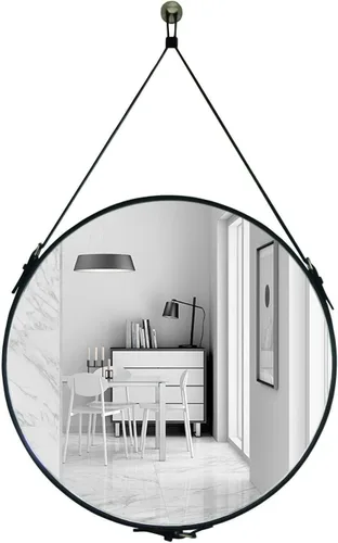 HofferRuffer Espejo redondo decorativo de pared, espejo colgante con correa para colgar, accesorios plateados para colgar (color negro, 20 pulgadas)