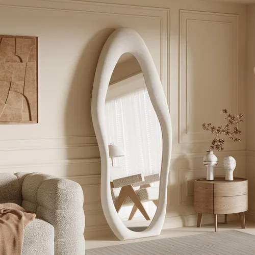 Miniatura 10 de Honyee - Espejo de cuerpo completo de 63 x 24 pulgadas, espejo de pared, marco de madera envuelto en franela, espejo de cuerpo completo ondulado Gris