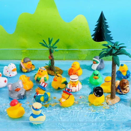 Miniatura 8 de JOYIN 60 patos de goma, patos surtidos aleatorios a granel con bolsa de transporte de malla, mini patitos de goma para juguetes de baño de bebés