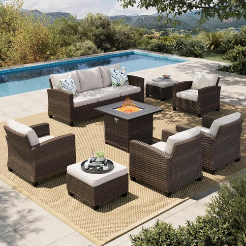 Miniatura 30 de HERA'S HOUSE Juego de muebles para patio, muebles de mimbre para exteriores con fogata, 8 piezas de sofás de conversación para exteriores con Beige