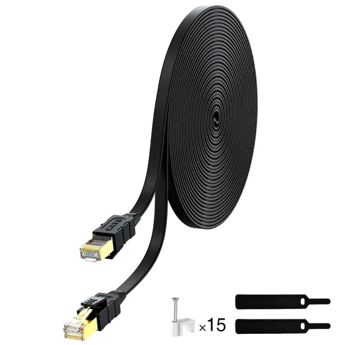 Cable Ethernet Cat 8 de 50 pies, cable de conexión LAN de Internet plano blindado negro de alta velocidad, 26AWG 40Gbps 2000Mhz SFTP con chapado en
