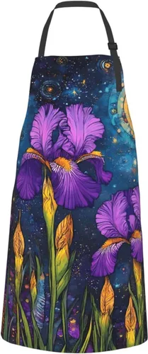Miniatura 2 de Delantal de cocina con estampado de lirios morados, ajustable, impermeable, con bolsillos, unisex