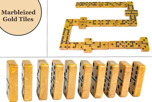 Miniatura 2 de Juego de dominó Vovotuzzi para adultos, dominó grueso, juego de dominó doble 6 para adultos y niños, 28 fichas de mármol dorado en estuche de cuero