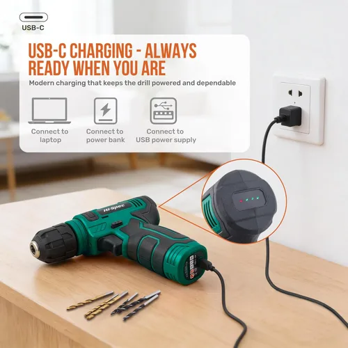 Miniatura 5 de Hi-Spec Juego de taladro inalámbrico de 8 V y kit de herramientas para hombres - Taladro eléctrico recargable por USB, caja de herramientas manual