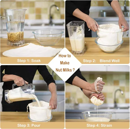 Miniatura 4 de 3 bolsas de leche de nuez de 12 x 12 pulgadas, 100% algodón sin blanquear, colador de alimentos reutilizable para colar leche de almendra/avena