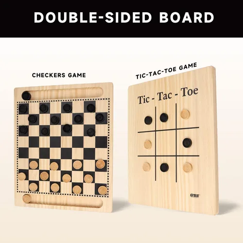 Miniatura 2 de GSE Games & Sports Expert Juego combinado 2 en 1 de tablero reversible de damas y tres en raya de madera natural con piezas de juego, juego familiar