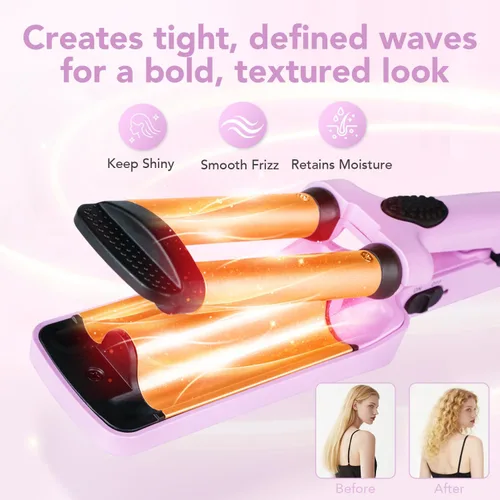 Miniatura 6 de Mini rizador de pelo, rizador de 3 barriles de 1/2 pulgada con doble voltaje, rizador de playa de viaje para cabello corto a mediano, morado