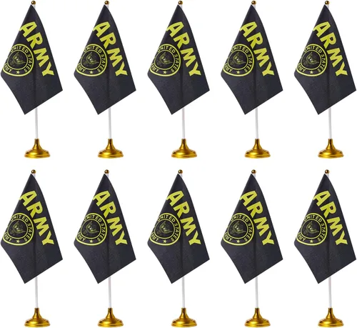 WXTWK Paquete de 12 banderas de escritorio con cresta dorada de Estados Unidos, pequeñas banderas de mesa militares de Estados Unidos con base de