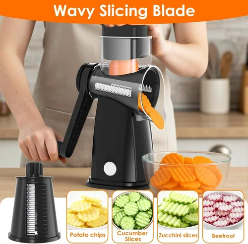 Miniatura 5 de MealHelper Rallador rotativo de queso de 5 cuchillas y picador de verduras con caja de almacenamiento y manivela, trituradora compacta para quesos