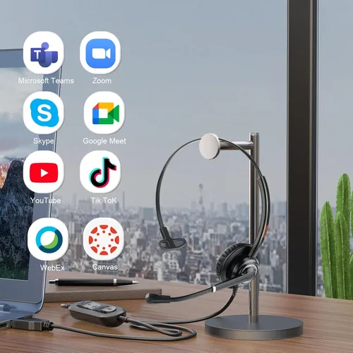 Miniatura 8 de Auriculares USB con micrófono para oficina centro de llamadas telefónico, auriculares USB-A ligeros de 1 oreja con micrófono con cancelación