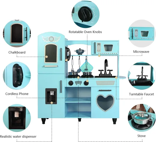 Miniatura 7 de TaoHFE Juego de Cocina de Juguete, Juego de Cocina Azul para Niños de 4 a 8 Años, Juego de Cocina para Niñas y Niños, Juego de Cocina de Madera