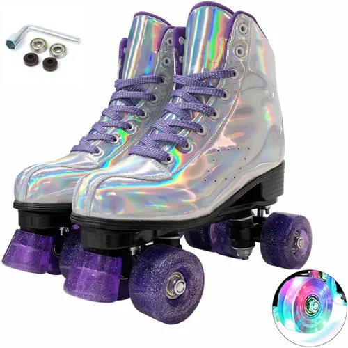Miniatura 10 de XUDREZ Patines de ruedas para mujeres, patines de alta calidad holográficos de cuero de poliuretano, patines brillantes de doble fila de cuatro