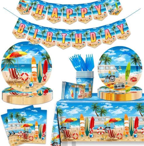 Suministros para fiesta de cumpleaños en la playa, 142 piezas, decoración hawaiana para fiesta de piscina, incluye platos de cena de playa, mantel