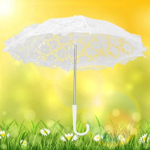 Miniatura 4 de Paraguas de viaje de encaje floral, soportes de paraguas con mango en J, para regalos (51239 blanco)