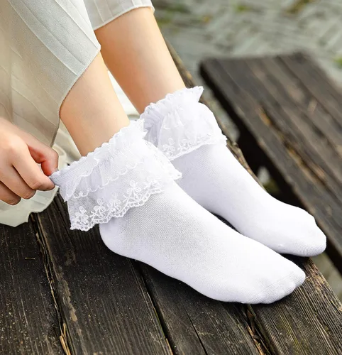 Miniatura 3 de SEMOHOLLI Calcetines de tobillo para mujer, con volantes de encaje con perlas, cómodos, no visibles, de algodón, calcetines de princesa, calcetines