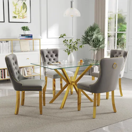 Miniatura 29 de Juego de comedor moderno de cristal de lujo de 5 piezas, juego de comedor rectangular minimalista para 4, juego de mesa de cocina de vidrio
