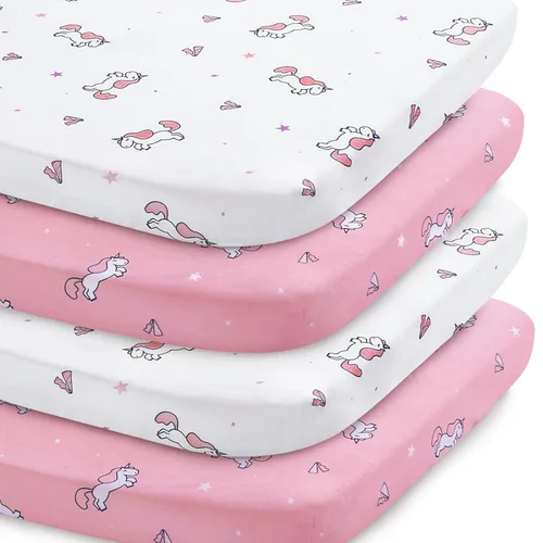 Miniatura 9 de Juego de sábanas para mini cuna para niñas, paquete de 4, sábanas para mini cuna portátil para niñas (38" x 24") Multiuso para Pack n Play