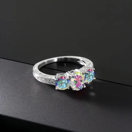 Miniatura 52 de Gem Stone King Anillo de compromiso de 3 piedras preciosas de oro blanco de 10 quilates con piedra natal y diamantes cultivados en laboratorio