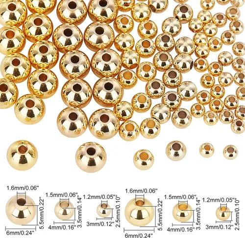 Miniatura 4 de PH PandaHall 180 cuentas chapadas en oro de 18 quilates, 0.118 in, 0.157 in y 0.236 in, cuentas espaciadoras de metal liso, bola de oro sin