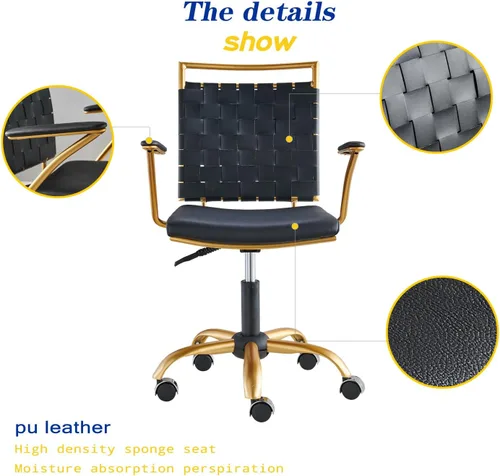 Miniatura 6 de Cómoda silla de oficina con respaldo medio, silla de escritorio de cuero dorado y negro con respaldo tejido y cojín grueso, silla giratoria