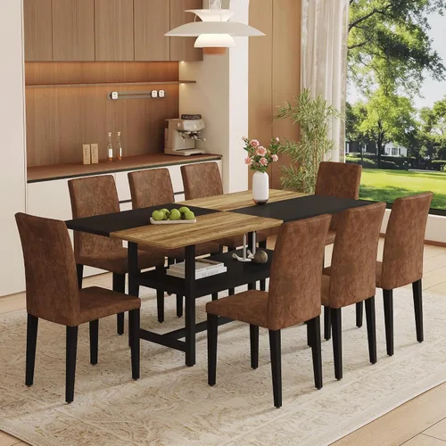 Miniatura 19 de Juego de mesa de comedor de 71 pulgadas para 6 personas con estante de almacenamiento, juego de mesa de comedor rectangular industrial moderna