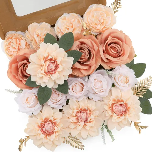 Miniatura 22 de Floweroyal Flores Artificiales Rosadas Flores de Rosa Falsas Dalia con Tallos para Ramos de Novia de Boda DIY, Baby Shower, Arreglo Floral, Centros