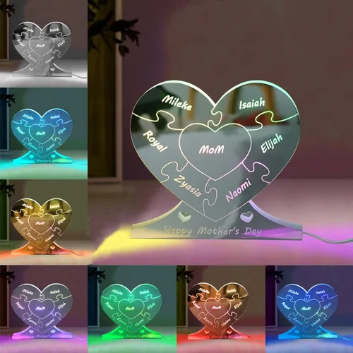 Miniatura 14 de Rompecabezas de nombre de familia personalizado, luz LED, espejo de corazón, espejo de dormitorio, espejo acrílico personalizado de 1 a 12 nombres