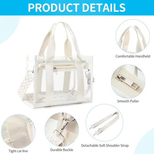Miniatura 5 de Bolsa transparente UEOE para eventos en estadios, gran bolso de mano transparente con bolsa con cremallera exterior e interior para eventos