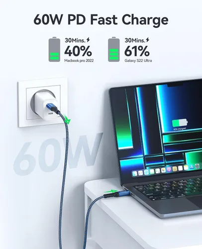 Miniatura 2 de NIMASO Paquete de 4 cables USB C a USB C de 60 W [10 pies+6.6 pies + 3.3 pies + 1 pie], cable de carga USB tipo C compatible con Samsung Galaxy Azul