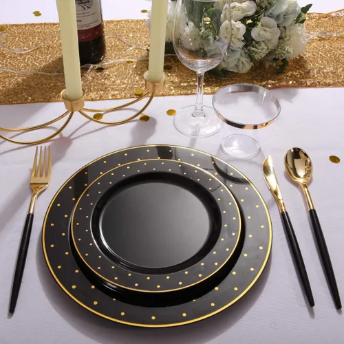 Miniatura 3 de I00000 - Paquete de 102 unidades, platos de plástico de color negro y dorado, 51 platos llanos de 10.25 pulgadas y 51 platos de postre de 7.5