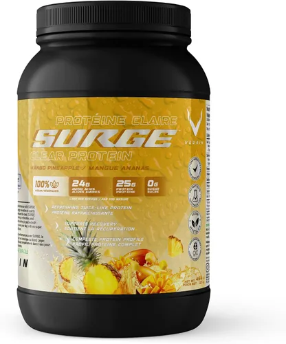 PRO-SURGE - Proteína transparente + electrolitos, sabor a mango y piña, aislado de proteína a base de plantas, sin OMG, sin azúcar y lácteos, sin