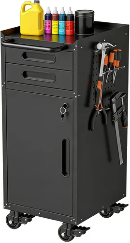 Miniatura 9 de Armario de almacenamiento de metal para garaje con ruedas, gabinete rodante con cerradura para herramientas con cajón y estantes, gabinete móvil