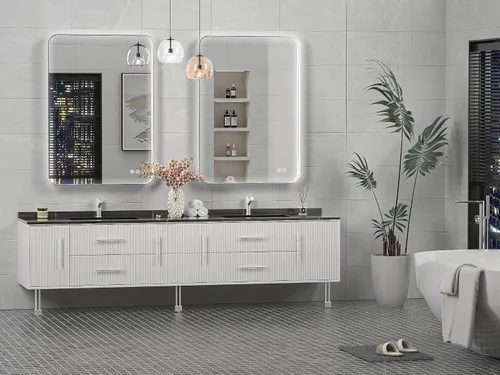 Miniatura 6 de Espejo de baño LED de 16 x 24 pulgadas con luces, marco plateado rectangular redondeado con diseño de tira de luz incrustada, 3 colores y regulable