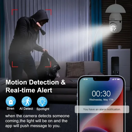 Miniatura 3 de EVERSECU Bombilla de luz inalámbrica de seguridad HD 1080P, WiFi de 2.4g y 5g, seguimiento automático de movimiento, audio de 2 vías, visión