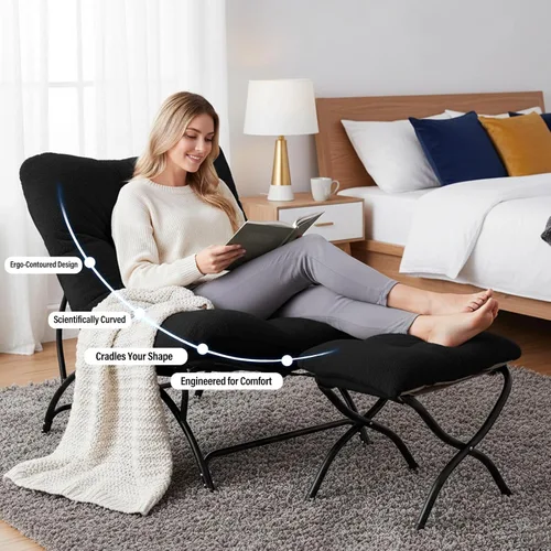 Miniatura 4 de Tiita - Silla acentuada perezosa con otomana, cómoda silla de ocio con estructura metálica y tela de felpa, silla reclinable acogedora con asiento
