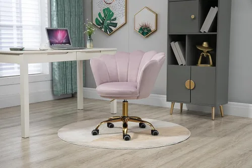 Miniatura 5 de Silla cómoda de oficina en casa con ruedas, linda silla de escritorio de tocador giratoria ajustable de terciopelo con respaldo de concha marina
