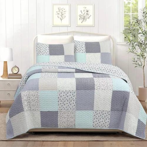 Miniatura 9 de Cozy Line Home Fashions Nina Trista Flowers - Juego de ropa de cama reversible 100% algodón con cinta azul aguamarina, estampado floral gris, colcha