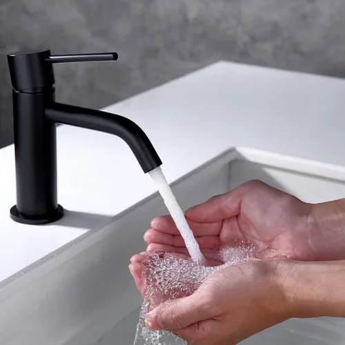 Miniatura 5 de Grifo de Baño Negro Mate de Un Solo Orificio con Ensamble de Drenaje Pop Up y Manguera de Suministro de Grifo, JXMMP Grifos de Lavatorio de Una Sola
