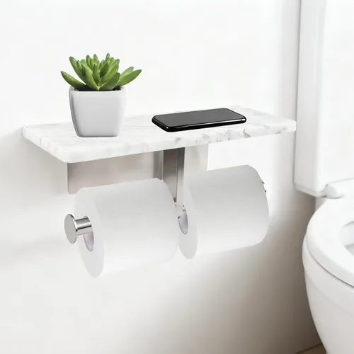 Miniatura 6 de Soporte de papel higiénico con estante de mármol natural para baño, soporte de pañuelos montado en la pared adecuado para rollo mega