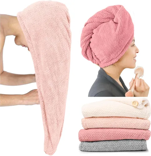 Miniatura 11 de ROLSHOL Paquete de 4 Toallas Envolventes de Microfibra Extra Grandes para Cabello para Mujeres Súper Absorbentes y de Secado Rápido con Botón