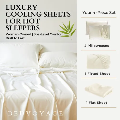 Miniatura 9 de BedVoyage Sábanas refrescantes tamaño Queen – Viscosa de bambú, juego de sábanas para personas que duermen con calor, bolsillo profundo de 18 Marfil
