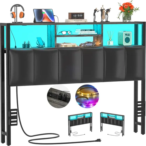 Miniatura 10 de Cabecero Aheaplus para Cama Individual con Almacenamiento, Cabeceros con Enchufes, Puertos USB y Luz LED, Cabecero Individual Solo, Altura