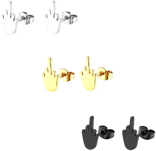 Miniatura 2 de Juego de 23 pares de aretes punk de acero inoxidable con estilo dedo medio, color dorado, plateado y negro, divertidos aretes de garabatos